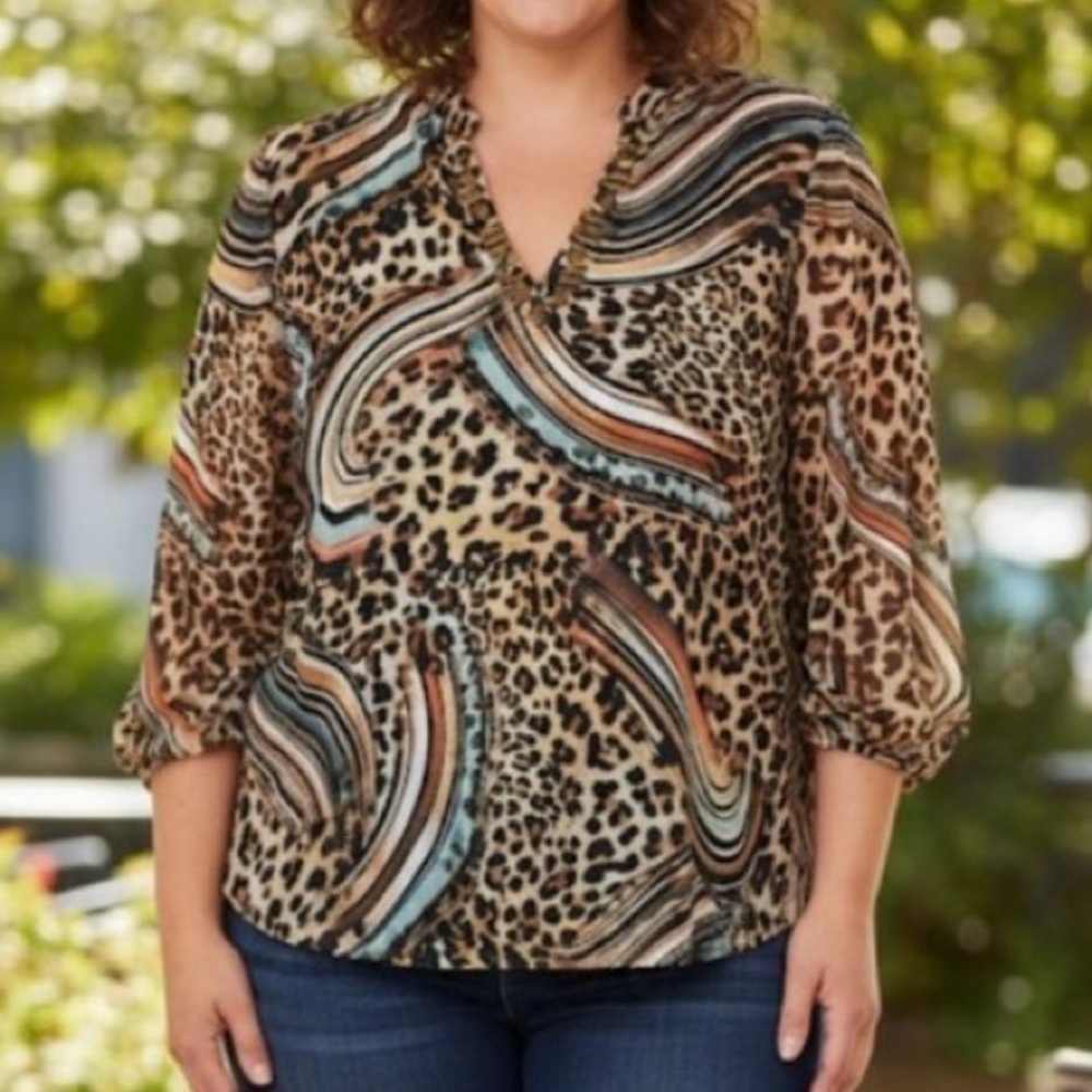 JM Collection Leopard and Swirl Print Blouse size 14